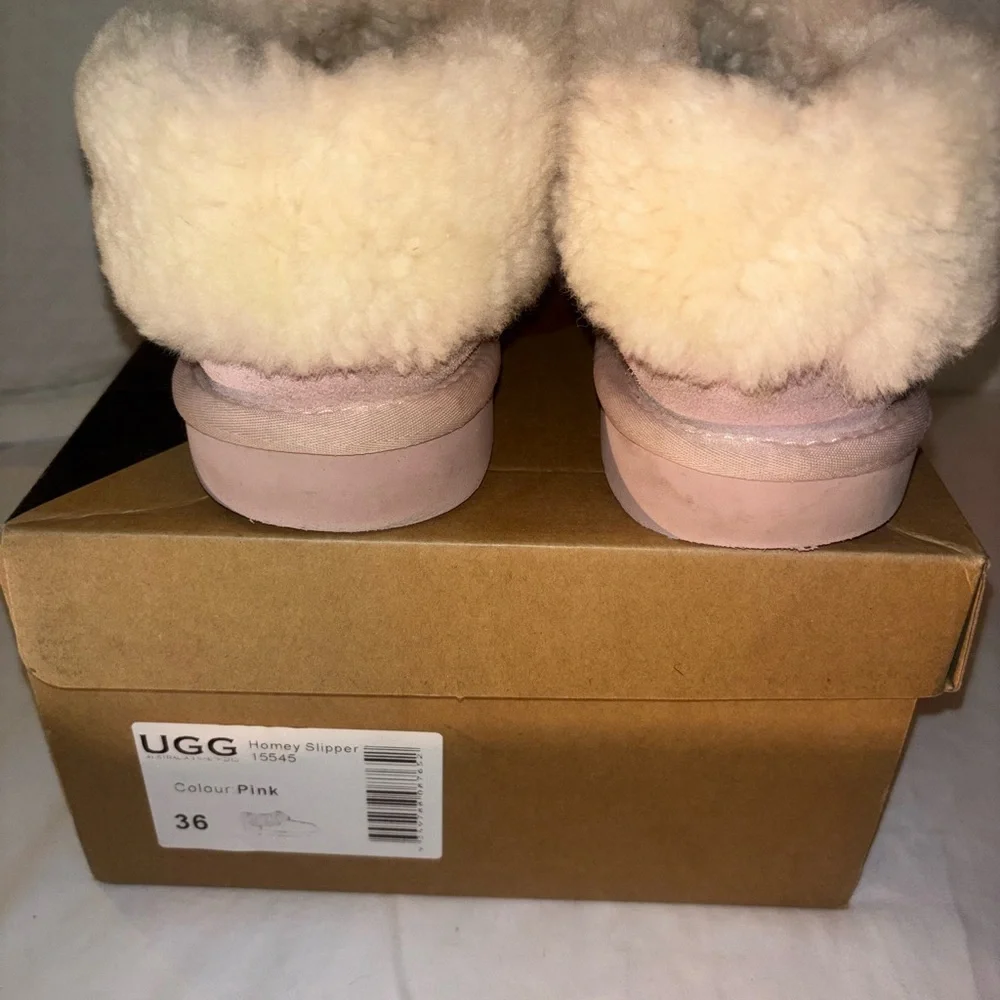 UGG Pink Sheepskin Plush Collar Slip-On Slipper - Picture 7 of 17